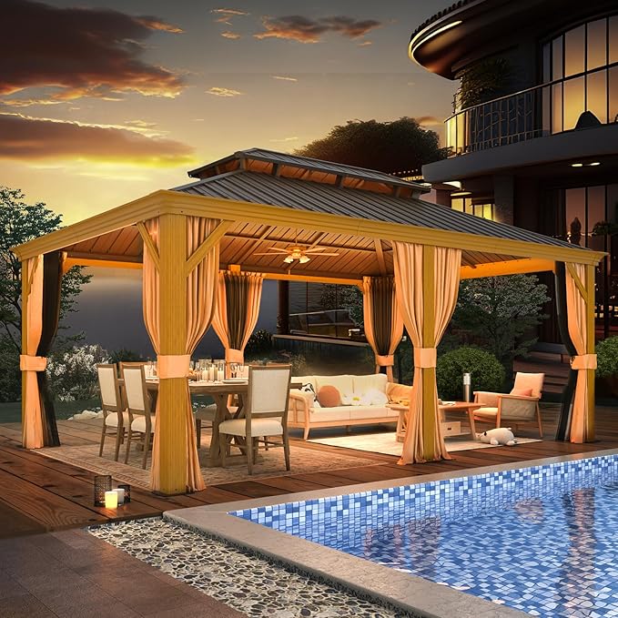 EROMMY 12'x18' Hardtop Gazebo, Galvanized Steel Double Roof with Wood Grain Aluminum Frame, Outdoor Permanent Metal Pavilion with Curtains and Nettings for Patio, Backyard and Deck