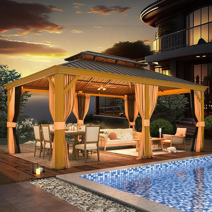 EROMMY 12'x18' Hardtop Gazebo, Galvanized Steel Double Roof with Wood Grain Aluminum Frame, Outdoor Permanent Metal Pavilion with Curtains and Nettings for Patio, Backyard and Deck