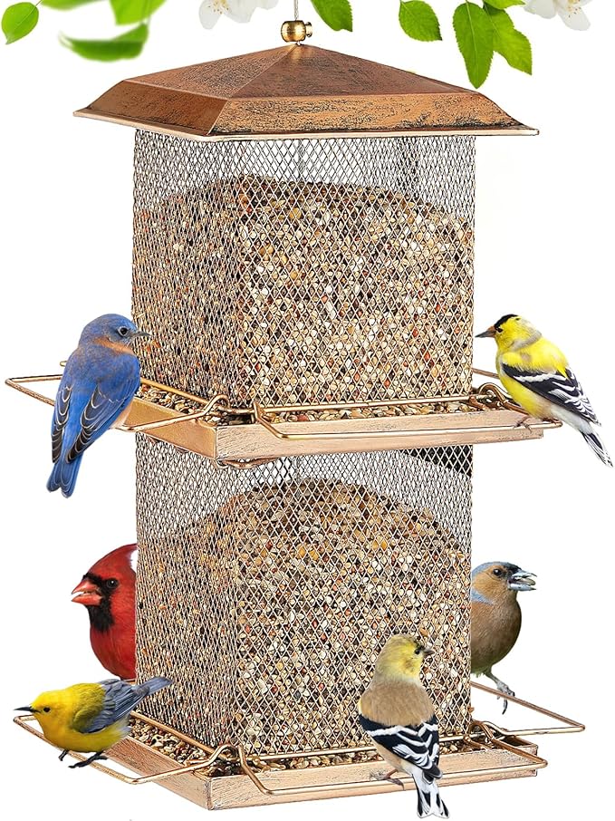Large Bird Feeder, Double Tier Metal Bird Feeders for Outdoors, Square Tower Birdfeeder for Decorating Courtyard, Garden, Birds Watching, Gifts