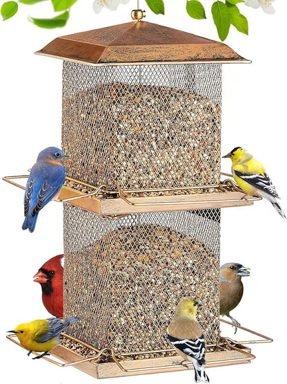 Large Bird Feeder, Double Tier Metal Bird Feeders for Outdoors, Square Tower Birdfeeder for Decorating Courtyard, Garden, Birds Watching, Gifts