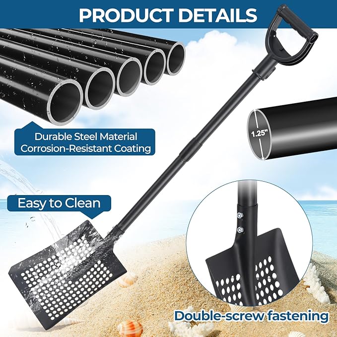 Beach Sifter Sand Scoop for Treasure Hunting, 47" Adjustable Metal Sand Sifter Shovel with Comfort Grip for Kids & Adults, High Sides for Shells & Relics