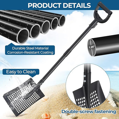 Beach Sifter Sand Scoop for Treasure Hunting, 47" Adjustable Metal Sand Sifter Shovel with Comfort Grip for Kids & Adults, High Sides for Shells & Relics
