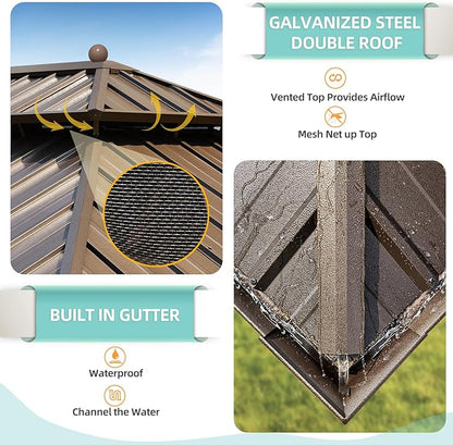 MELLCOM 14' x 24' Hardtop Gazebo,Galvanized Steel Metal Double Roof with Curtain and Netting,Brown Permanent Pavilion Gazebos with Aluminum Frame for Patios,Gardens,Lawns