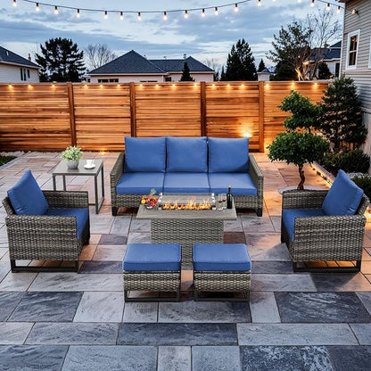 HUMMUH 7 Piece Patio Furniture Set with Fire Pit Table 41in 55,000 BTU,Wicker Outdoor Conversation Sets - Outdoor Chairs Set of 2 Patio Sofa for Porch,Garden,Backyard