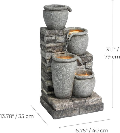 Teamson Home 30.7" 4-Tier Cascading Bowl Solar Powered Water Fountain for Outdoor Living Spaces, Gray