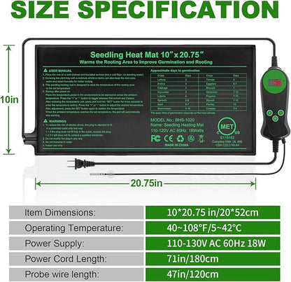 Seedling Heat Mat with Built-in Temperature Controller, 10" x 20.75" Waterproof Plant Heating Pad with Thermostat for Indoor Seed Starting Germination Hydroponics