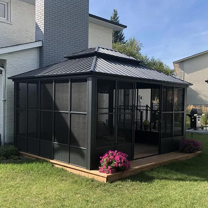 PURPLE LEAF 12' X 14' Sunroom Hardtop Gazebo Solarium with Light Galvanized Steel Double Roof All-Weather Aluminum Outdoor Screen House for Patio Deck Backyard Grey
