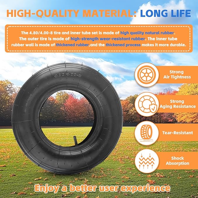 (1-Set) RRQ 4.80/4.00-8" Tire and Inner Tube Set, Universal Replacement Pneumatic Tires, Fits 15.5-inch wheels, TR-13 Straight Valve Stem, for Wheelbarrows, Dollies, Trolleys, Garden Carts and More