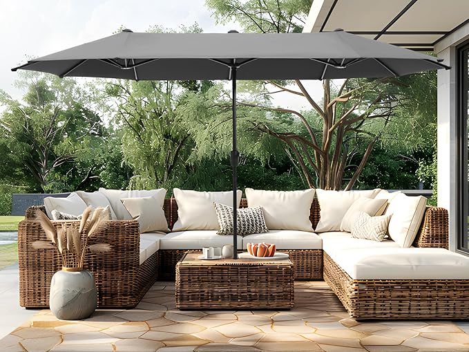 PHI VILLA 13ft Large Patio Umbrellas, Double-Sided Outdoor Market Rectangle Umbrella for Outside, Light Gray