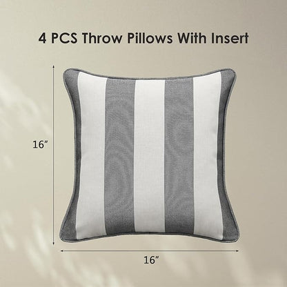 Decorative Outdoor Water Repellent Throw Pillows with Inserts, Set of 4, 16" x16" Pillows for Patio, Backyard, Bed, Couch, and Patio Furniture, Gray Stripe