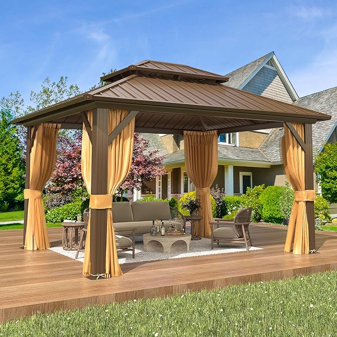 EROMMY 10'x12' Gazebo Hardtop, Galvanized Steel Double Roof Metal Gazebo with Aluminum Frame, Permanent Outdoor Pavilion with Curtain and Netting for Patio, Lawn and Garden, Brown
