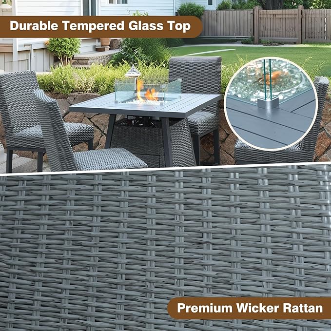 36 Inch Outdoor Propane Fire Pit Table 50,000 BTU – High Top Square Gas Fire Pit with Glass Wind Guard, Wicker Rattan Base for Patio & Backyard, Includes Rain Cover & Glass Beads