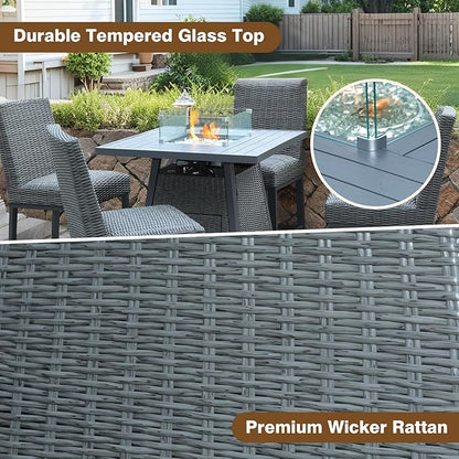 36 Inch Outdoor Propane Fire Pit Table 50,000 BTU – High Top Square Gas Fire Pit with Glass Wind Guard, Wicker Rattan Base for Patio & Backyard, Includes Rain Cover & Glass Beads