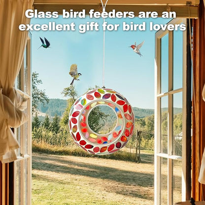 Mosaic Bird Feeder, Outside Hanging with Round Shape Glass BirdFeeders to Attract More Wild Birds, Mosaic Fly Through for Garden, Yard, Backyard, Deck and Porch Decor, Red 7-Inch