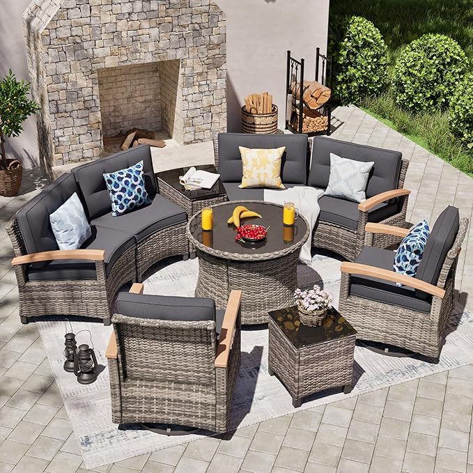 MEISSALIVVE 9 Piece Outdoor Patio Furniture Set, Half-Moon Curved Sectional Sofa Rattan Conversation Set with 2 Wood Armrests Swivel Rocker Chairs, Round Coffee Table & Side Table（Grey）