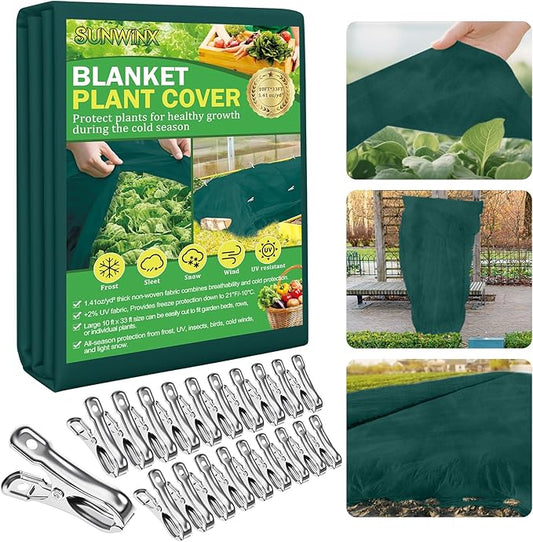 10×33 ft Plant Covers Freeze Protection- 1.4 oz/yd² Frost Cloths Blankets for Outdoor Plants, Reusable Floating Row Cover Plant Freeze Protection for Winter Garden Vegetables Raised Bed, Green
