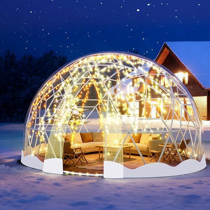 12FT Garden Dome Tent, Geodesic Dome Greenhouse with PVC Clear Cover, Waterproof Garden Bubble Dome Tent House with 2 x 10M Light Strings for Outdoor, Patio, Backyard, Party (White Edge, 15FT/4.6M)