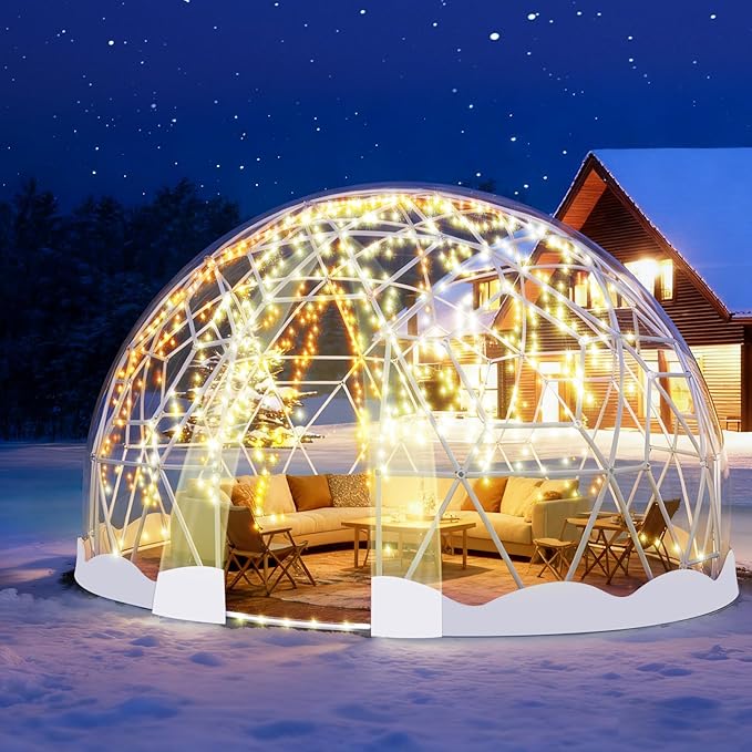 12FT Garden Dome Tent, Geodesic Dome Greenhouse with PVC Clear Cover, Waterproof Garden Bubble Dome Tent House with 2 x 10M Light Strings for Outdoor, Patio, Backyard, Party (White Edge, 12.5FT/3.8M)