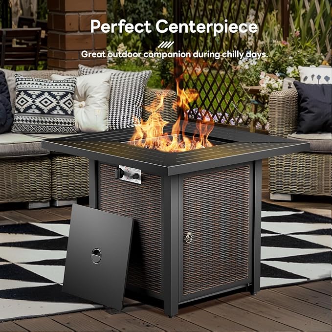 6 Pieces Patio Furniture Set with Fire Pit Table, Wicker Rattan Outdoor Furniture Set with Loveseat and Swivel Chairs for Yard, Deck, Garden, Brown Wicker/Red Cushion