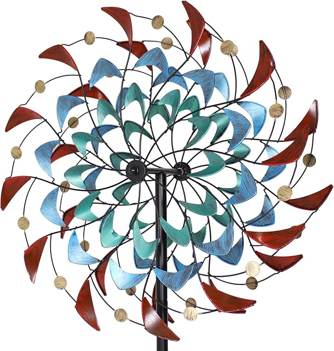 Sunnydaze Rainbow Breezes Metal Garden Wind Spinner - Removable Pole Sections for Adjustable Height - Dual-Motion Blades - 84" H
