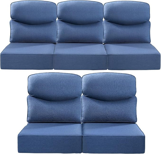 Luxury 22x24/22x25 6-Inch Smile Outdoor Cushions for Patio 5 Piece Set - Set of 5 Zippered Outside Pillows for Wicker Dining Rocking Swivel Chairs Loveseat Couch Sectional Sofa - Navy Blue