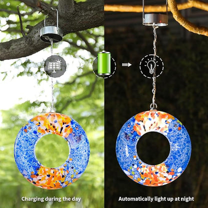 VCUTEKA Bird Feeder Solar Fly Through Bird Feeders for Outside Hanging with Round Shape Glass Container to Attract Wild Birds for Garden Decor, Solar Birdfeeder as Gift for Lovers, Multi 8-Inch