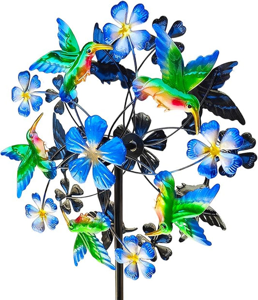 Double Blade Hummingbird Swivel Wind Spinners, Outdoor Garden Spinners 38inch Garden Stakes Decor, Metal Pinwheels for Yard and Lawn