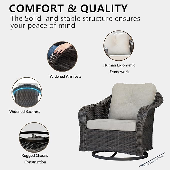 Wicker Swivel Rocking Chairs Set 2, Outdoor Brown Wicker Swivel Glider Chair Outdoor Rocking Chair with Water-Resistant Cushions, Beige