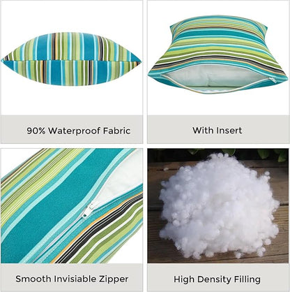 Outdoor Throw Pillows Water Resistant 18x18 inch,Decorative Throw Pillow with Insert Set of 2,Hidden Zipper Headrests for Patio Furniture Sofa Couch Chair(Green Stripe)