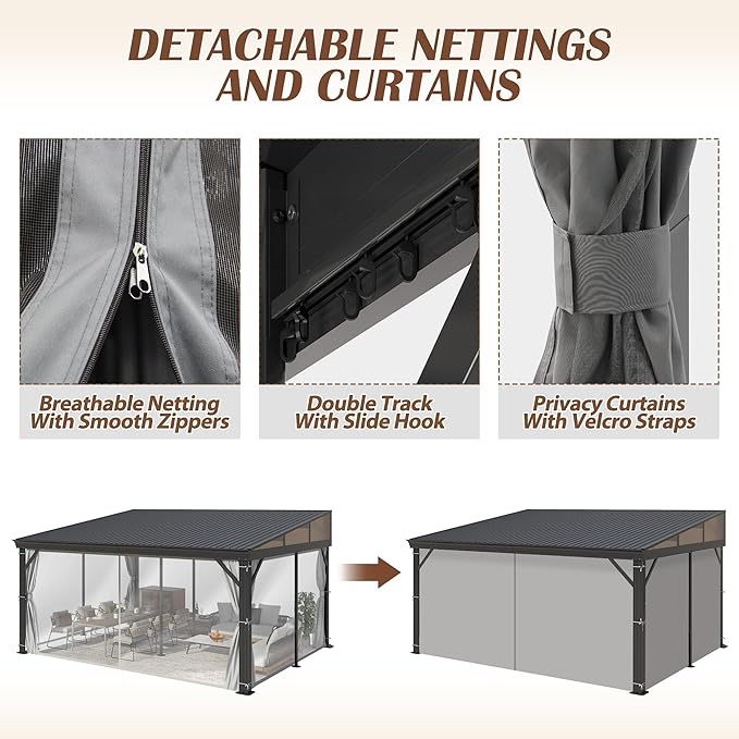 12' x 16' Hardtop Wall Mounted Gazebo, Lean to Gazebo with Galvanized Steel Roof Aluminum Frame Wall Gazebos Pergola with Netting&Curtains for Outdoor, Backyard, Patio