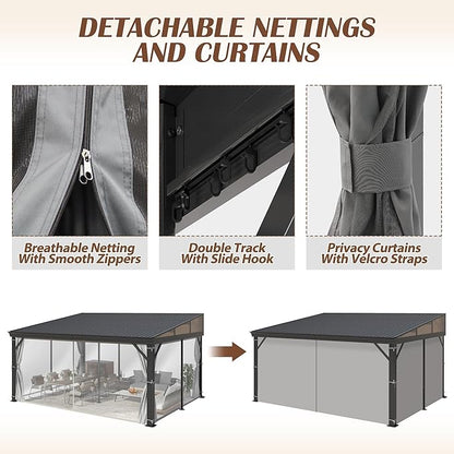 12' x 16' Hardtop Wall Mounted Gazebo, Lean to Gazebo with Galvanized Steel Roof Aluminum Frame Wall Gazebos Pergola with Netting&Curtains for Outdoor, Backyard, Patio
