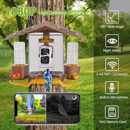 GUTINNEEN Smart Bird Feeder with Camera, High Resolution AI Camera for Wild Bird Identification, Hummingbird Feeder with Camera Solar Powered, Wireless Camera Gift for Bird Lover (Brown), AIR106