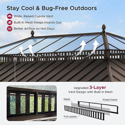 SUNJOY Kingston 20' x 12' Hardtop Gazebo with Galvanized Steel/Polycarbonate Double Roof, Curtain and Netting, Brown Aluminum Posts Permanent Pavilion Gazebo for Garden, Patio, Deck, Lawn