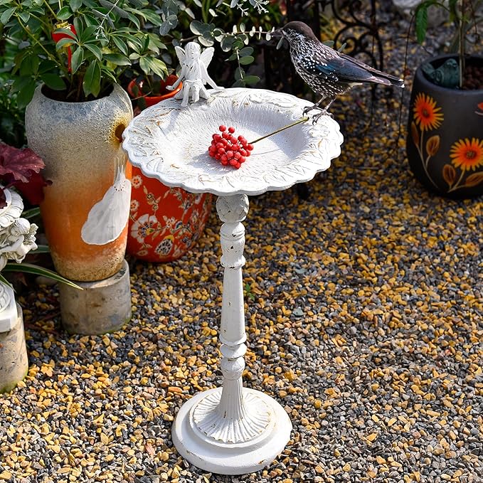 Sungmor Cast Iron Ornate Bird Bath for Garden, 21" Tall Vintage White Birdbath with Angel Statue Decor, Outdoor Standing Water Bowl, Decorative Pedestal Bird Feeder for Patio Deck Backyard