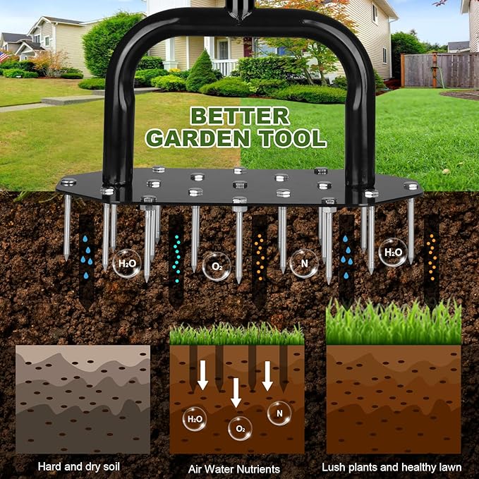 Lawn Aerator Spike Aeration Tool, Manual Grass Aerator Tool with 18 Iron Spikes, 37 Inch Manual Air Aerator Tool, Heavy Duty Lawn Aerating Tool for Grass, Yard