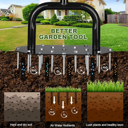 Lawn Aerator Spike Aeration Tool, Manual Grass Aerator Tool with 18 Iron Spikes, 37 Inch Manual Air Aerator Tool, Heavy Duty Lawn Aerating Tool for Grass, Yard