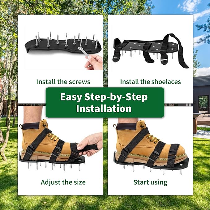 The Lawn Aerator Shoes for Grass, Epoxy Spiked Shoes with 1.65'' Sharp Short Spikes, Garden Grass Loosening Spike Shoe for Epoxy Flooring, 6 - Shoelace Design (Black, 11.8'' x 5.1'')