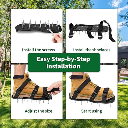 The Lawn Aerator Shoes for Grass, Epoxy Spiked Shoes with 1.65'' Sharp Short Spikes, Garden Grass Loosening Spike Shoe for Epoxy Flooring, 6 - Shoelace Design (Black, 11.8'' x 5.1'')