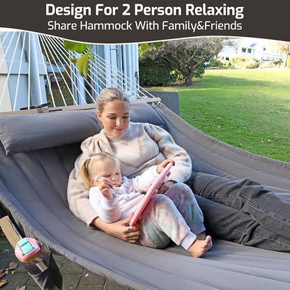 Double Quilted Fabric Hammock with Hardwood Spreader Bars and Pillow 450 LBS Capacity 2 Person Large Hammock for Outdoor Patio Backyard Poolside - Terracotta
