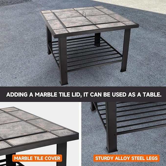 30-Inch Square Fire Pit Table, Wood Burning Fireplace/Firepit with Marble Tile Tabletop, Mesh Lid, Fire Grate, Poker and Nylon Cover