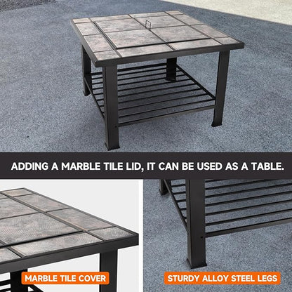 30-Inch Square Fire Pit Table, Wood Burning Fireplace/Firepit with Marble Tile Tabletop, Mesh Lid, Fire Grate, Poker and Nylon Cover