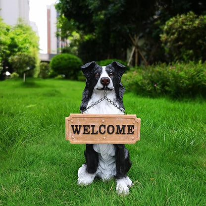 Border Collie Solar Welcome Statue, Hand-Painted Resin Sitting Dog Figurine with Lantern and Dual Wooden-Style Signs, Intelligent Guardian Sculpture for Garden and Porch Décor