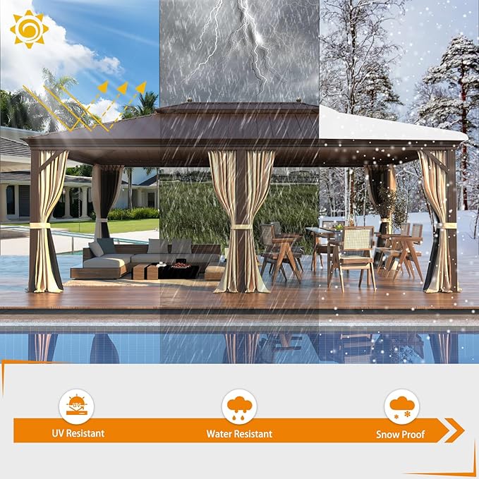 EROMMY 14'x20' Hardtop Gazebo Double Roof Galvanized Steel Canopy Outdoor Aluminum Frame Permanent Metal Pavilion with Netting and Curtains for Patio Backyard Deck and Lawns