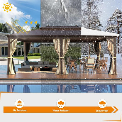 EROMMY 14'x20' Hardtop Gazebo Double Roof Galvanized Steel Canopy Outdoor Aluminum Frame Permanent Metal Pavilion with Netting and Curtains for Patio Backyard Deck and Lawns