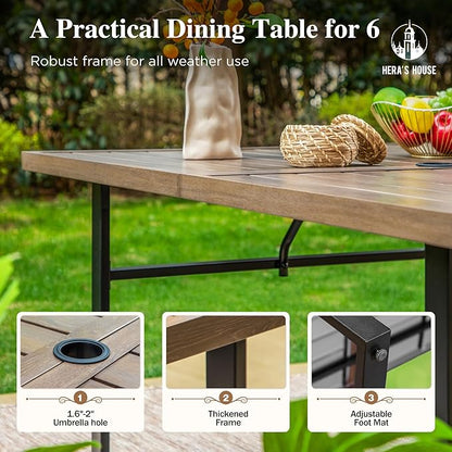 HERA'S HOUSE 7-Piece Outdoor Dining Set for 6, 64" Weather-Resistant Metal Patio Table with 6 Foldable Black Chairs, Perfect for Garden, Backyard, Porch & Lawn (Space-Saving Design)