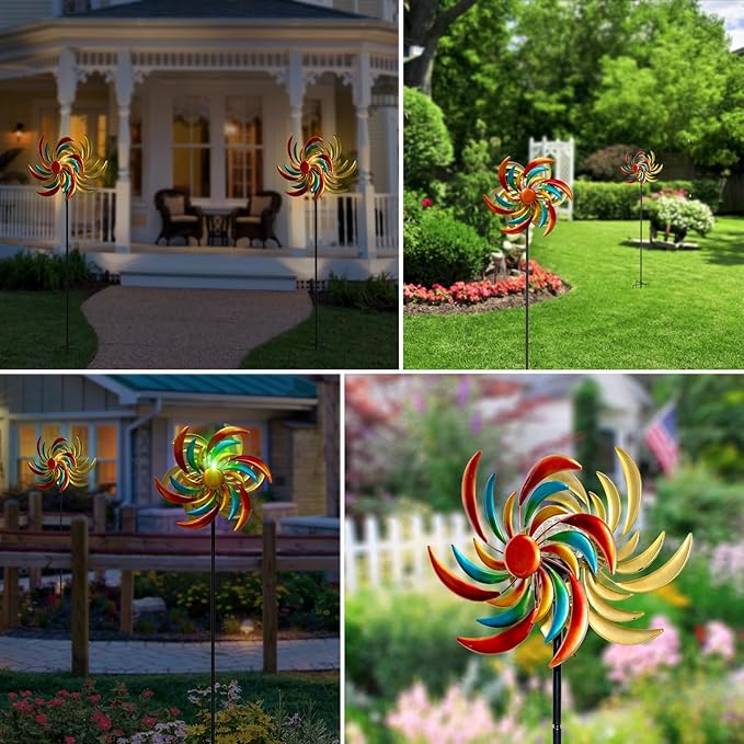 360° Wind Spinners Outdoor with Solar Lights Colored Leaves Garden Decor Yard Lawn Art Decor for Patio Kinetic Windmills 60.63'' H x 13.38'' Dia Unique Gifts for Friends and Family