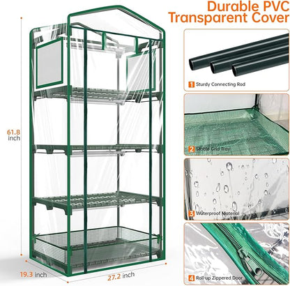 Bstrip Indoor Greenhouse with Grow Lights, PVC Tent with Waterproof Base Mat, Airflow Windows&Zippered Door, 4Pcs Grow Lights for Seed Starting with Timer, 4-Tier Greenhouse Shelf 27.2x19.3x61.8in