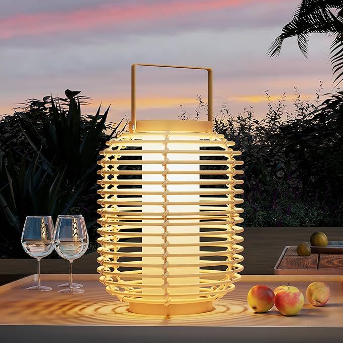 Solar Yard Outdoor Austin Solar Powered Floor Lamp Set of 4, 14-inch Wicker Woven LED Lamp, Water-Resistant Garden Light, Boho Style, Decor for Balcony, Porch, Yard, Pathway, Natural Color