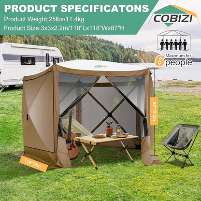 COBIZI 10x10ft Pop up Gazebo Screen House Tent for Camping, Pop-up Camping Canopy with Sidewalls,Portable Outdoor Quick-Set Hub Tent with Carrying Bag&Ground Stakes,Brown(Upgraded 2.0)