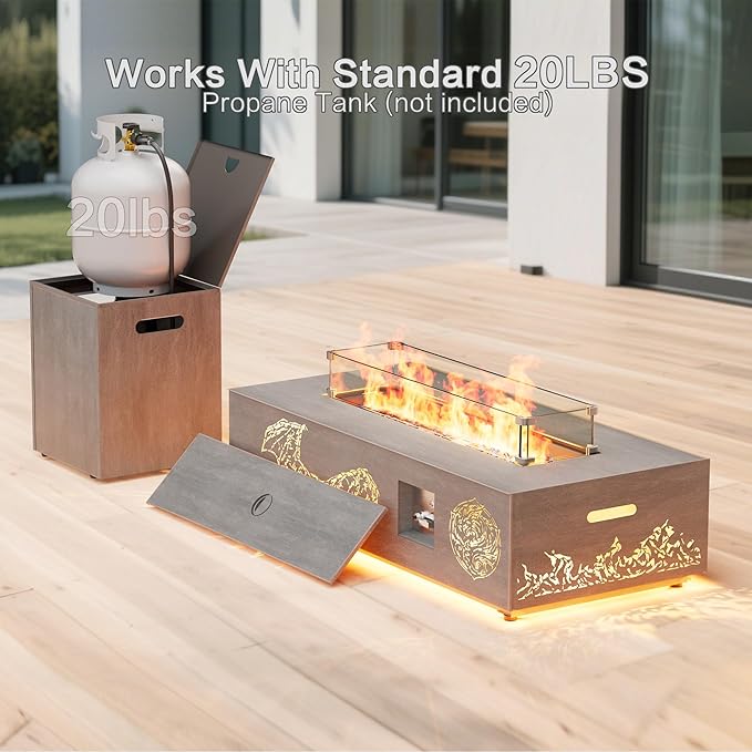 42" Outdoor Fire Pit Table, 50,000 BTU Gas Fire Pit with Glass Wind Guard, Fire Stones, Waterproof Cover, Propane Fire Pit Table for Outside Patio, Hollow-Out (Dragon, Brown)
